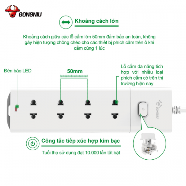 Ổ cắm điện Gongniu 4 ổ 2 chấu 1 công tắc - 2500W 10A - V1040 - Chính Hãng - 3M - 5M